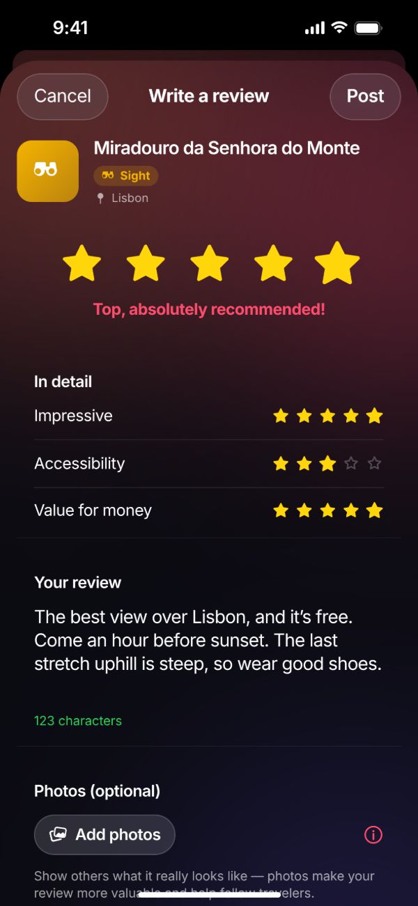 Review in the app: Miradouro da Senhora do Monte with stars and sub-ratings