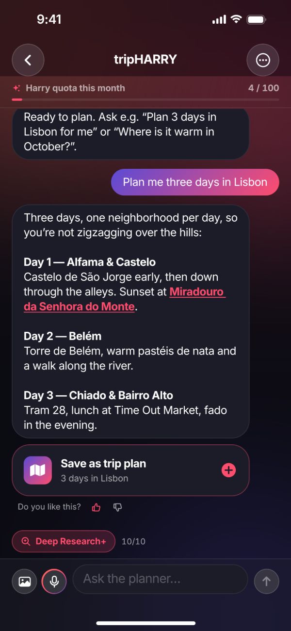 tripHARRY in the app: “Plan me three days in Lisbon” is followed by a three-day plan and the button “Save as trip plan”
