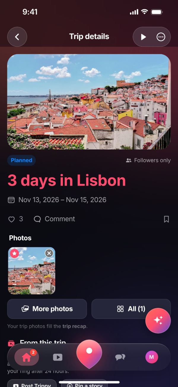 Trip in the app: “3 days in Lisbon” with a photo, the buttons for Trippy and story below