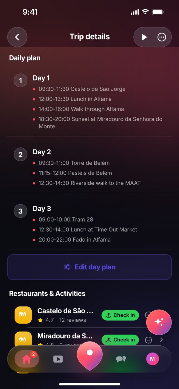 Trip in the app: a daily plan for three days in Lisbon, with places and “Check in” below