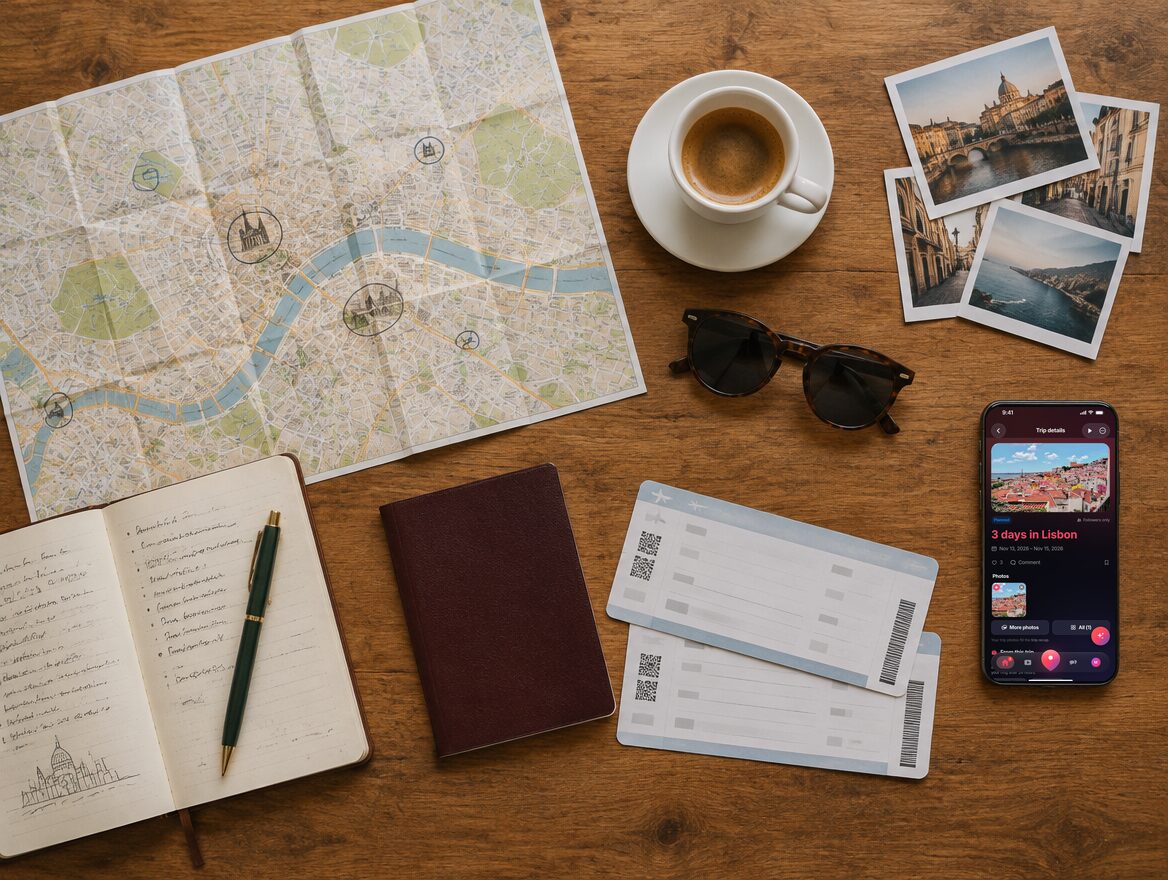 Trip planning on a café table: city map, notebook, passport, boarding passes, photos and a phone showing a trip in TripHar
